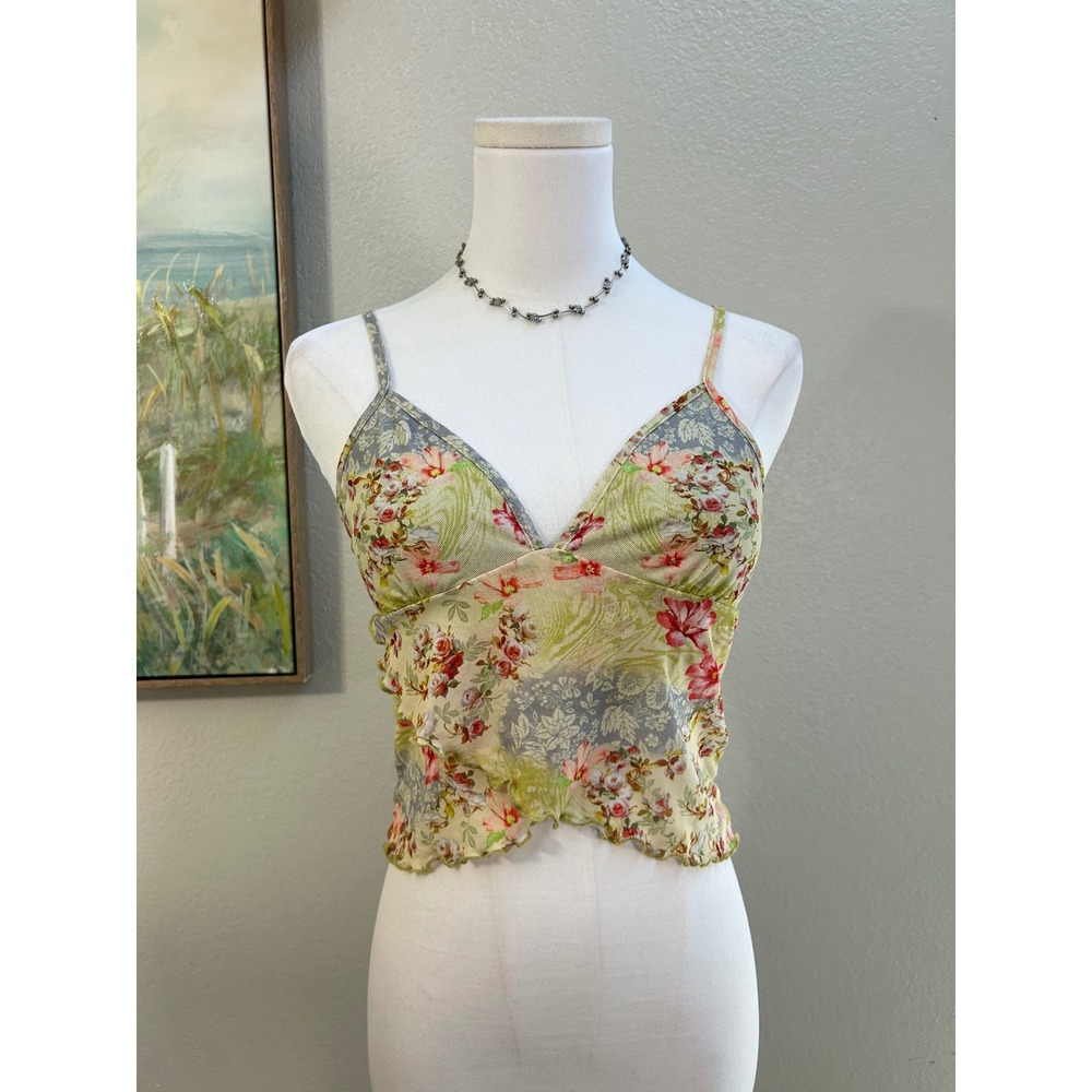 Floral Mesh Cami Top Medium Y2K Coquette Cottagecore Lettuce Hem Crop Top